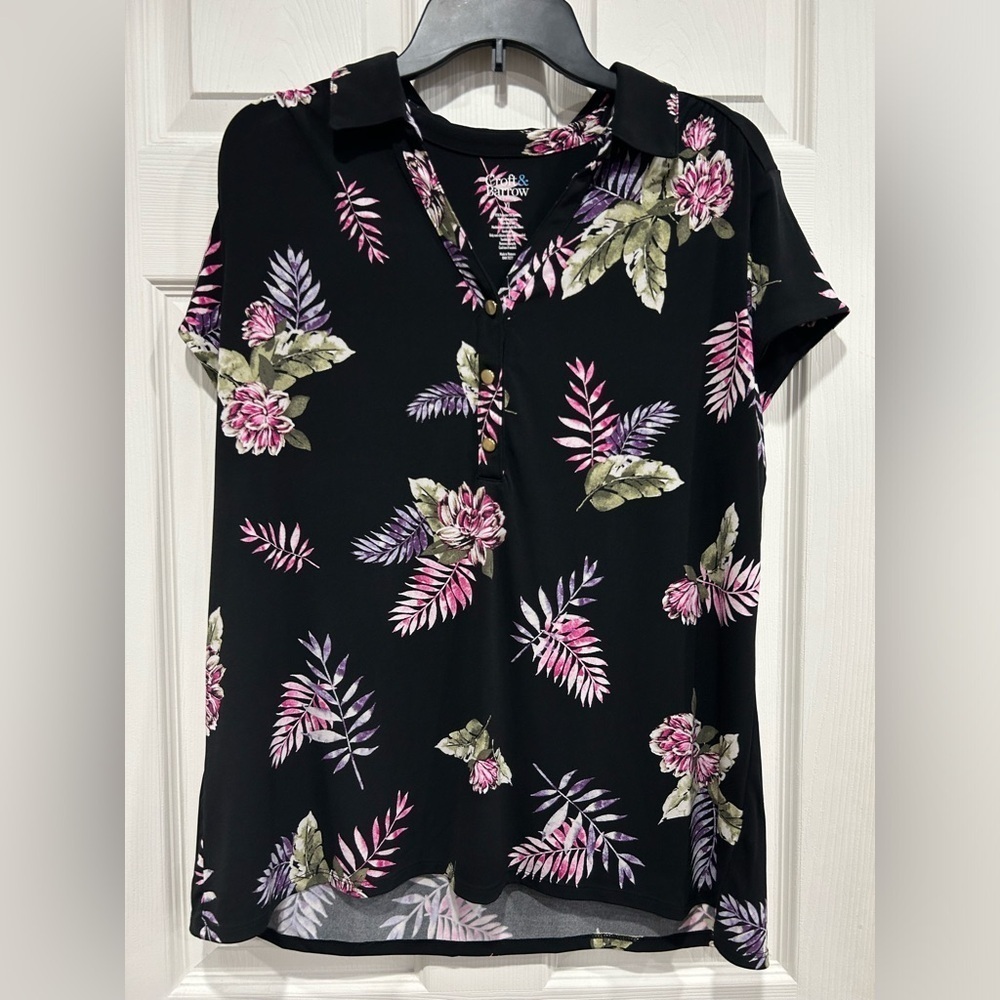 Croft & Barrow Women’s XL Shirred Shoulder Popover Shirt Blouse Black Floral EUC